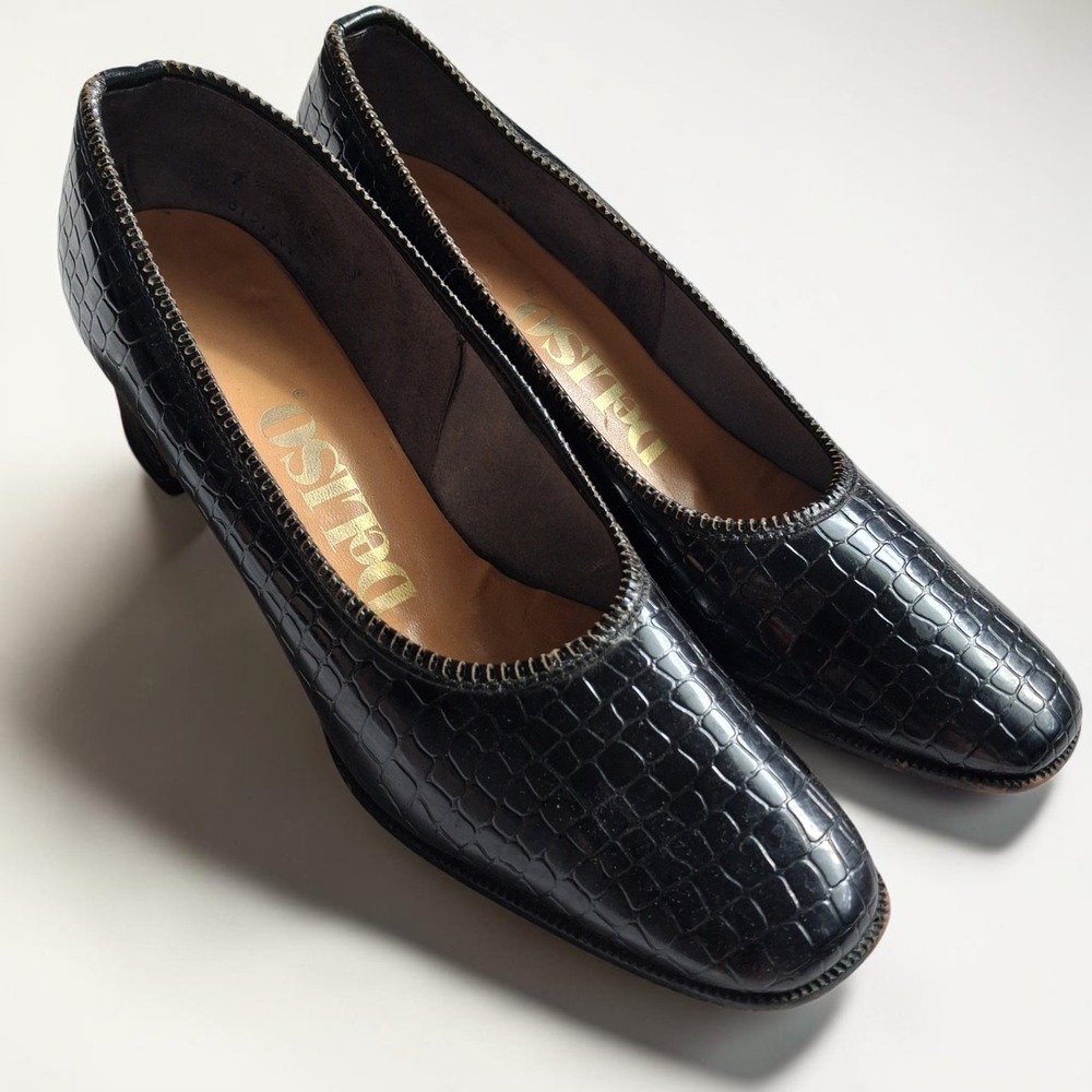 Vintage DeLISO Black Crocodile Embossed Block Heel Pumps Size 7